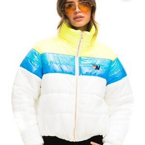 Aviator Nation Vibrant Puffer Jacket - White, Blue, Yellow